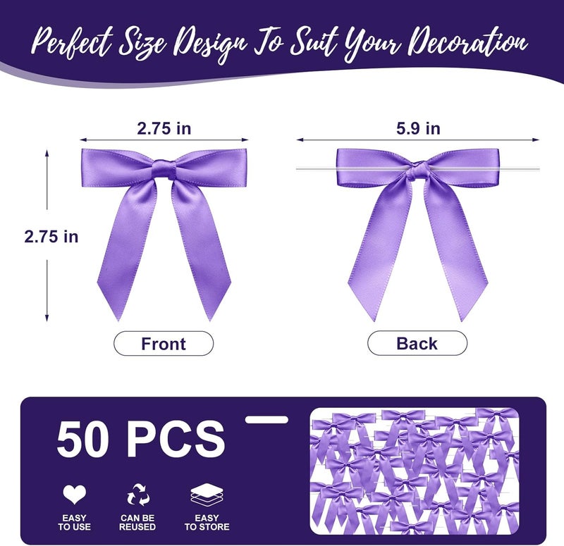 Sokfone Satin Ribbon Purple Bow Decor 2.5" Premade Purple Twist Tie Bows for Gift Wrapping Bow for Treat Bags Party Favors Wedding Decorations - 50 Counts - Image 3